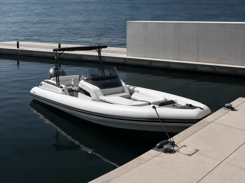 A white rigid inflatable boat moored at a concrete pontoon