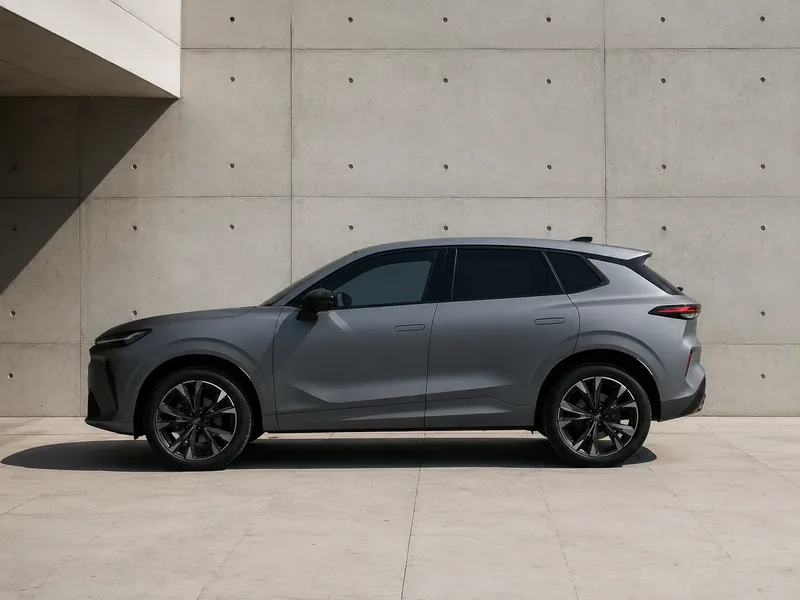 A grey SUV parked side-on against a concrete wall